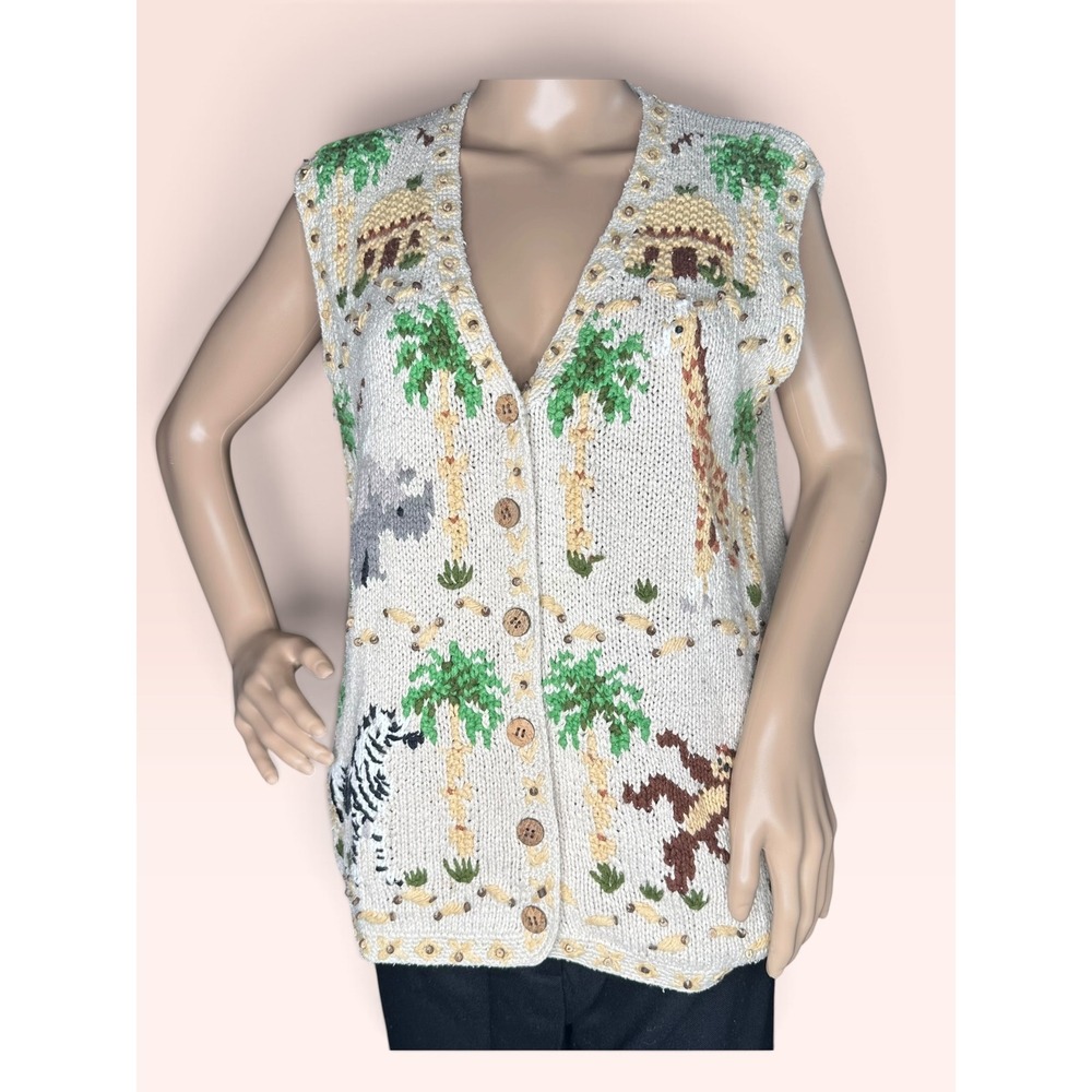 River Art Vintage Safari Animal Embroidered Silk Blend Knit Vest Size S Cream